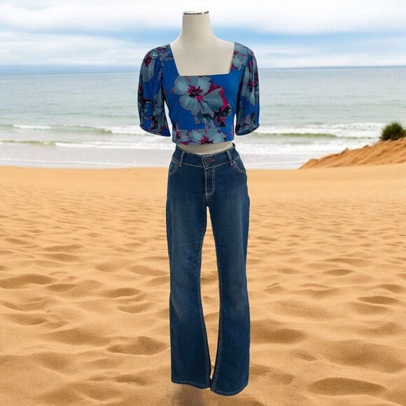 Band Of The Free Floral Smocked Crop Top Puff Sleeve Open Back Boho Y2K Retro - Picture 1 of 7